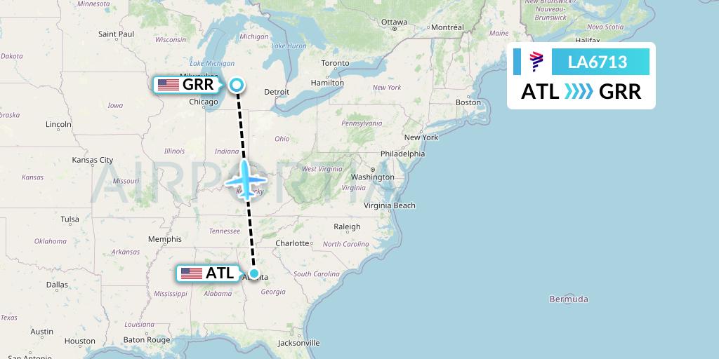 LA6713 LAN Airlines Flight Map: Atlanta to Grand Rapids