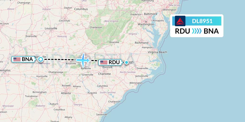 DL8951 Delta Air Lines Flight Map: Raleigh-Durham to Nashville