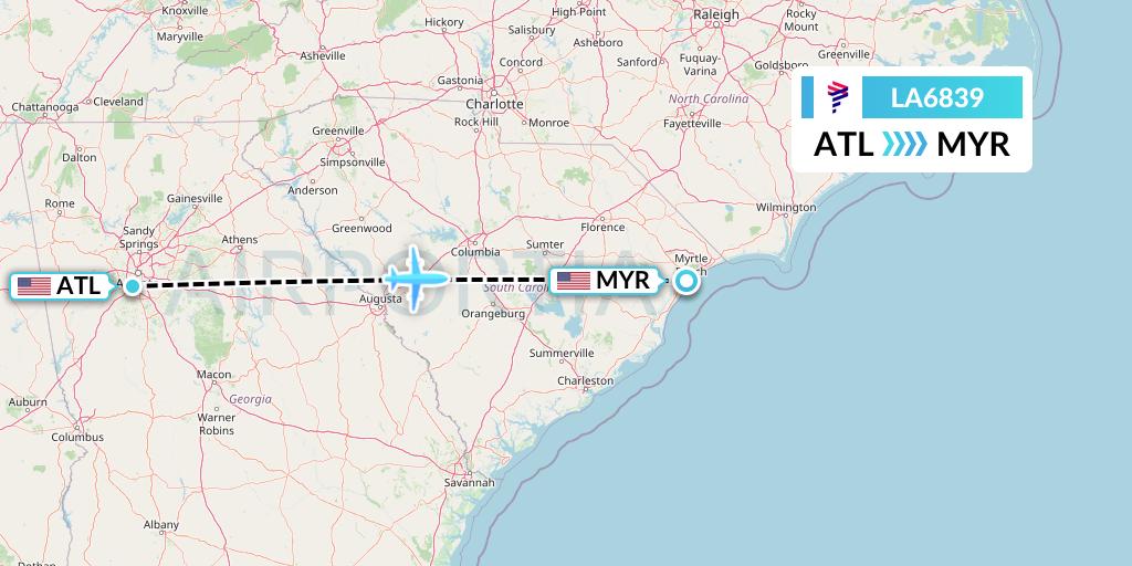 LA6839 LAN Airlines Flight Map: Atlanta to Myrtle Beach