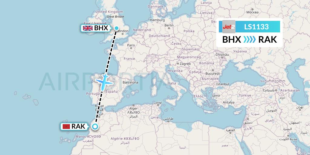 LS1133 Jet2 Flight Map: Birmingham to Marrakesh 