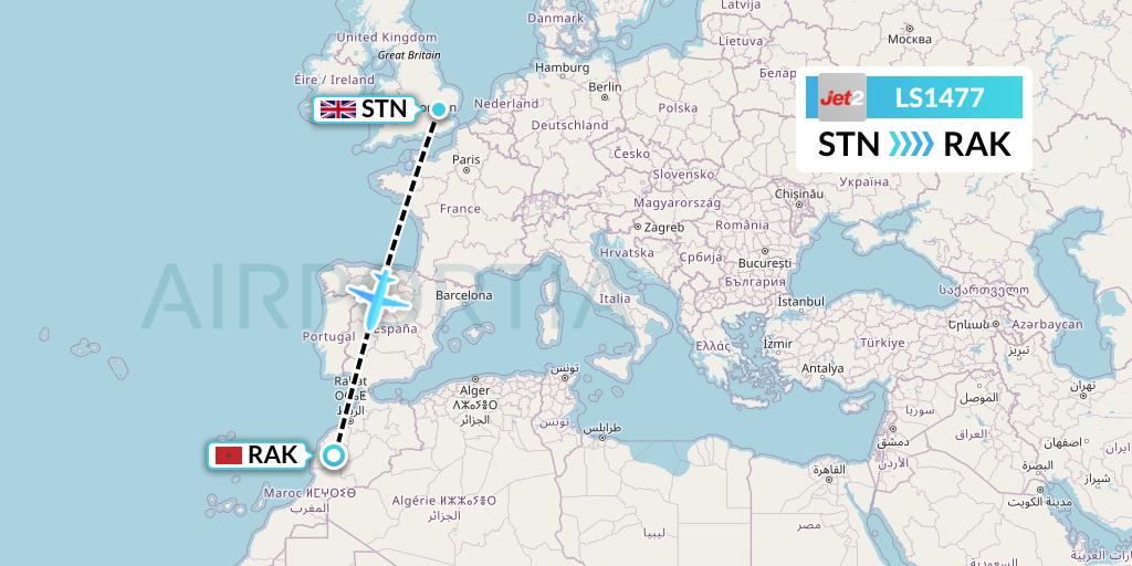 LS1477 Jet2 Flight Map: London to Marrakesh 