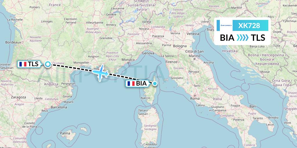 XK728 Air Corsica Flight Map: Bastia to Toulouse