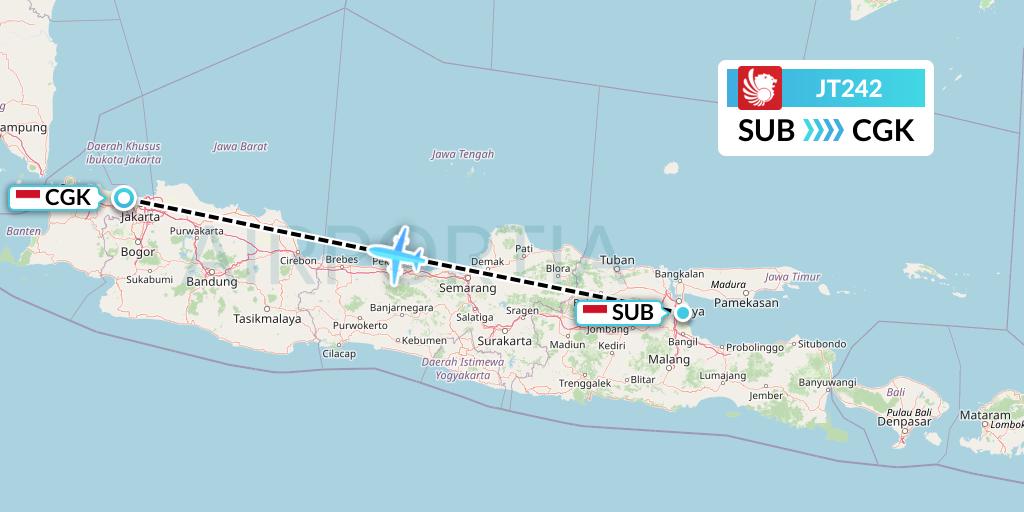 JT242 Lion Airlines Flight Map: Surabaya to Jakarta