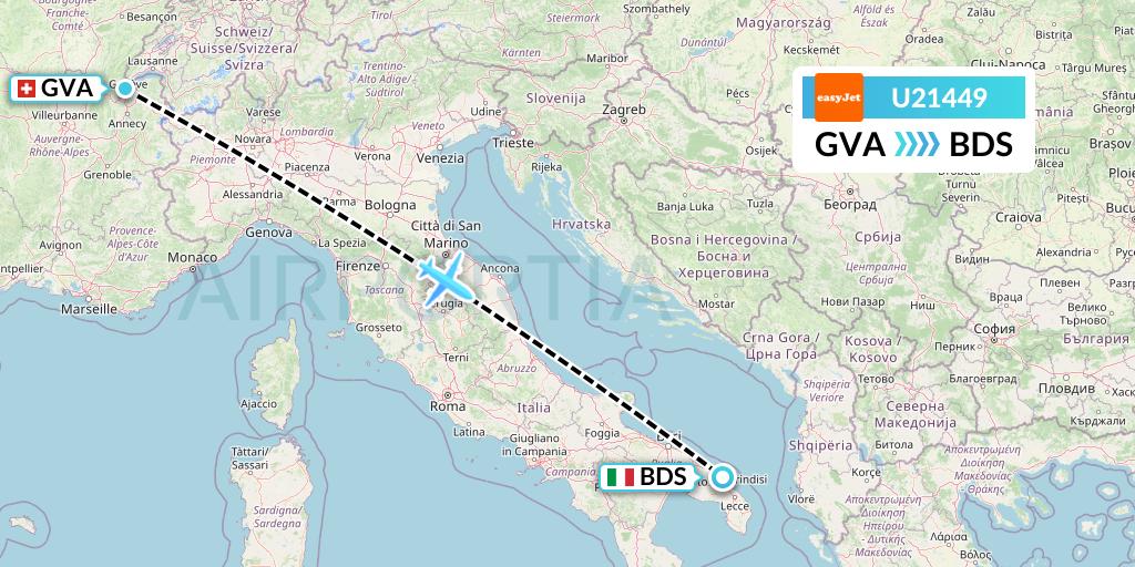 U21449 EasyJet Flight Map: Geneva to Brindisi