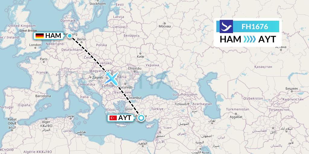 FH1676 Freebird Airlines Flight Map: Hamburg to Antalya