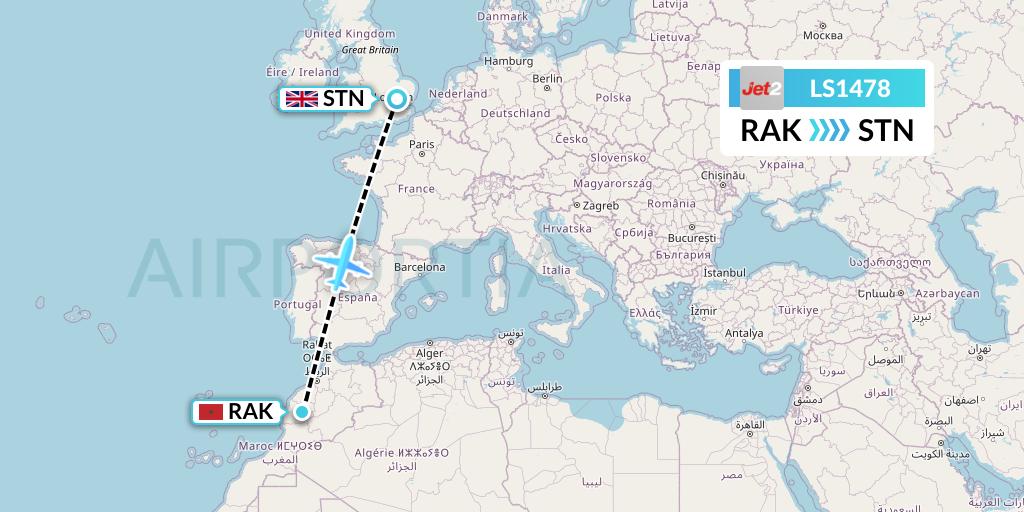 LS1478 Jet2 Flight Map: Marrakesh to London