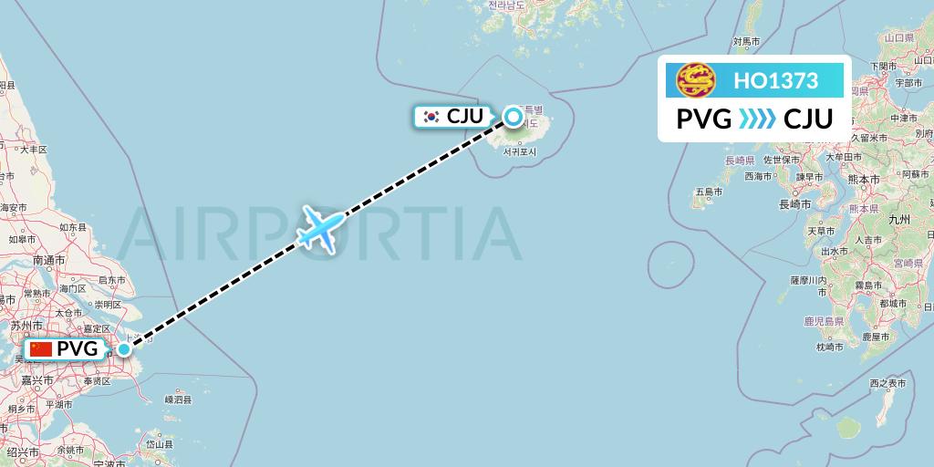 HO1373 Juneyao Airlines Flight Map: Shanghai to Jeju