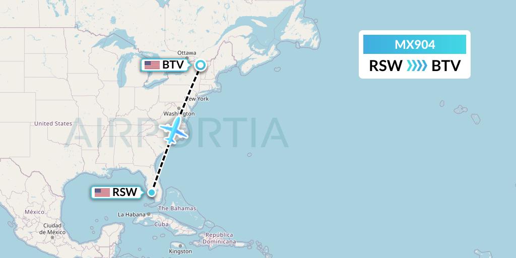 MX904 Breeze Airways Flight Map: Fort Myers to Burlington
