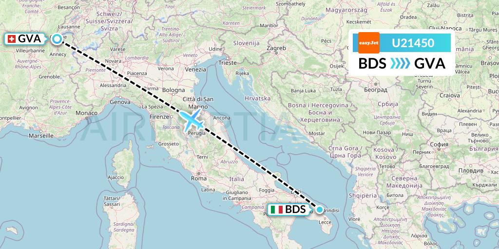 U21450 EasyJet Flight Map: Brindisi to Geneva