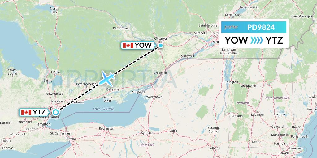 PD9824 Porter Airlines Flight Map: Ottawa to Toronto