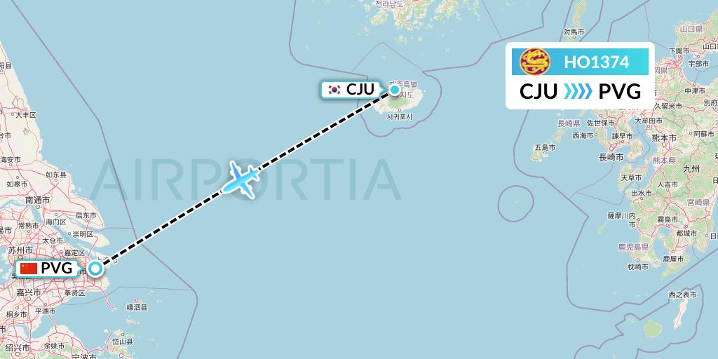 HO1374 Juneyao Airlines Flight Map: Jeju to Shanghai