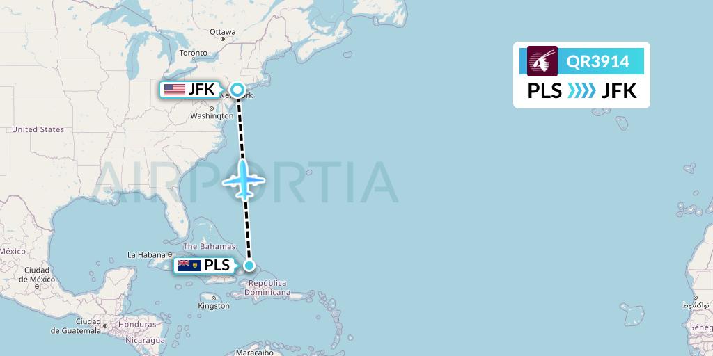 QR3914 Qatar Airways Flight Map: Providenciales to New York