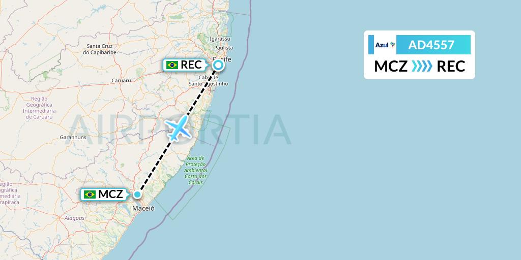 AD4557 Azul Brazilian Airlines Flight Map: Maceio to Recife
