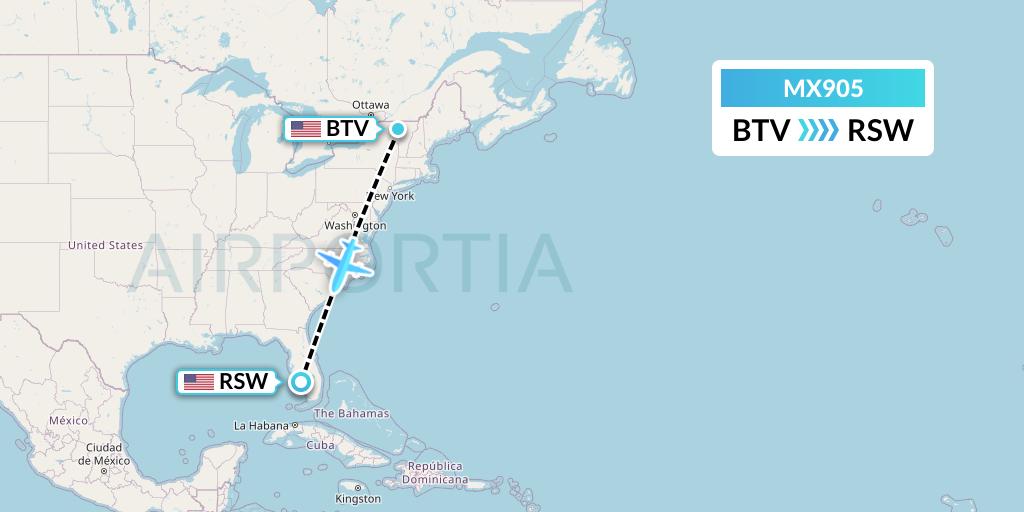 MX905 Breeze Airways Flight Map: Burlington to Fort Myers