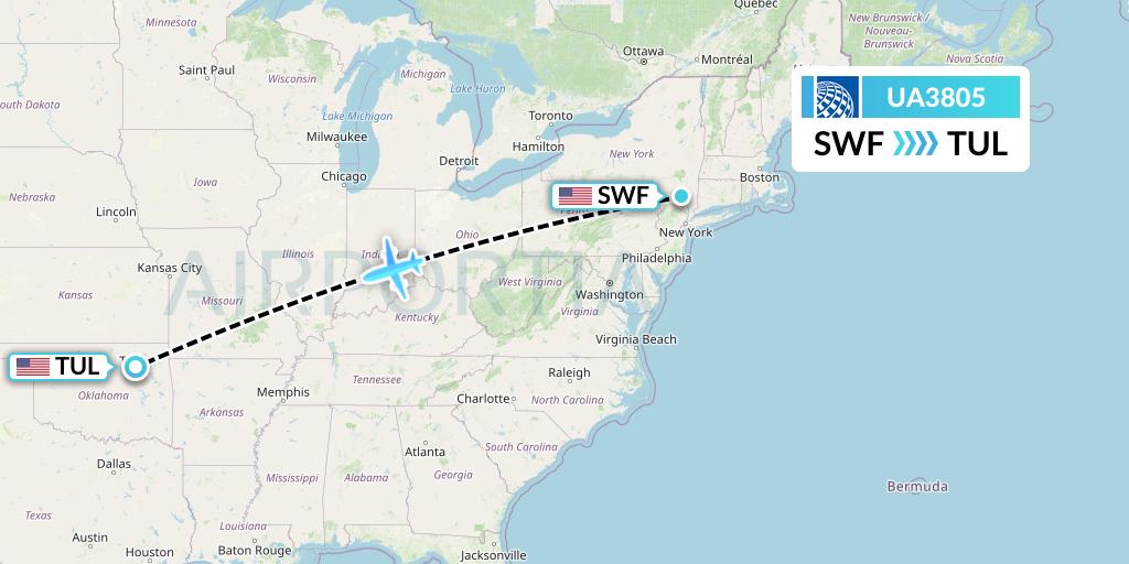 UA3805 United Airlines Flight Map: Newburgh to Tulsa
