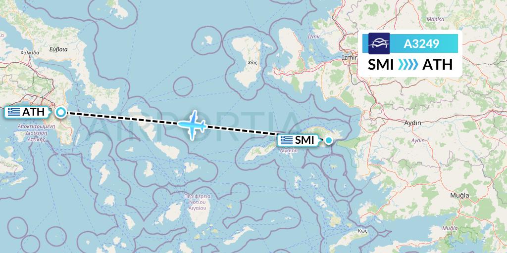A3249 Aegean Airlines Flight Map: Samos to Athens