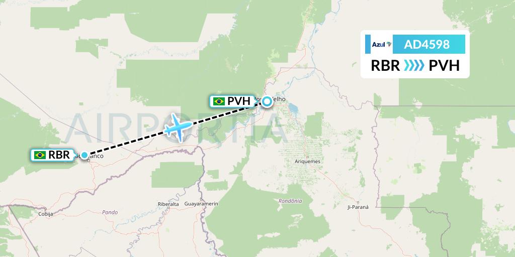 AD4598 Azul Brazilian Airlines Flight Map: Rio Branco to Porto Velho