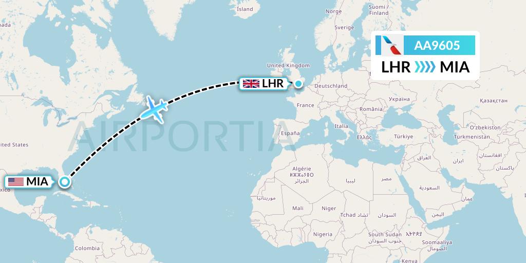 AA9605 American Airlines Flight Map: London to Miami