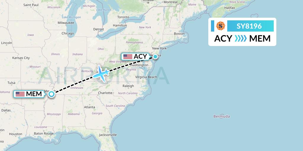 SY8196 Sun Country Airlines Flight Map: Atlantic City to Memphis