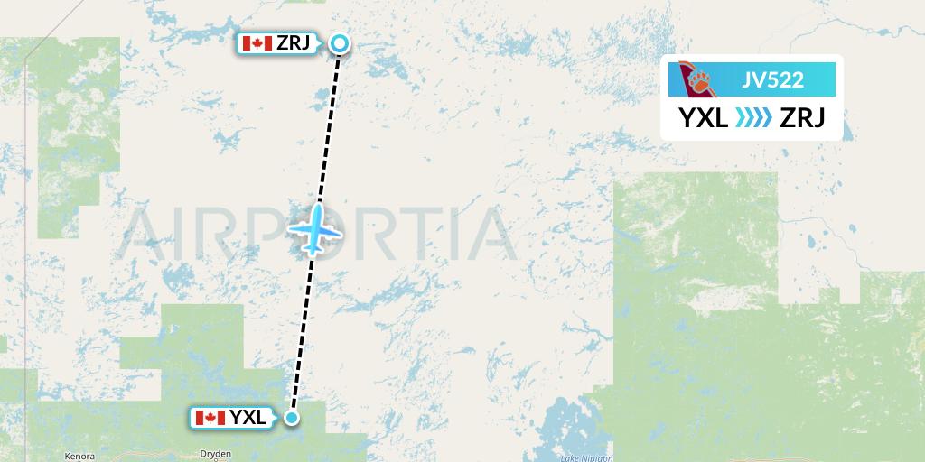 JV522 Bearskin Airlines Flight Map: Sioux Lookout to Round Lake