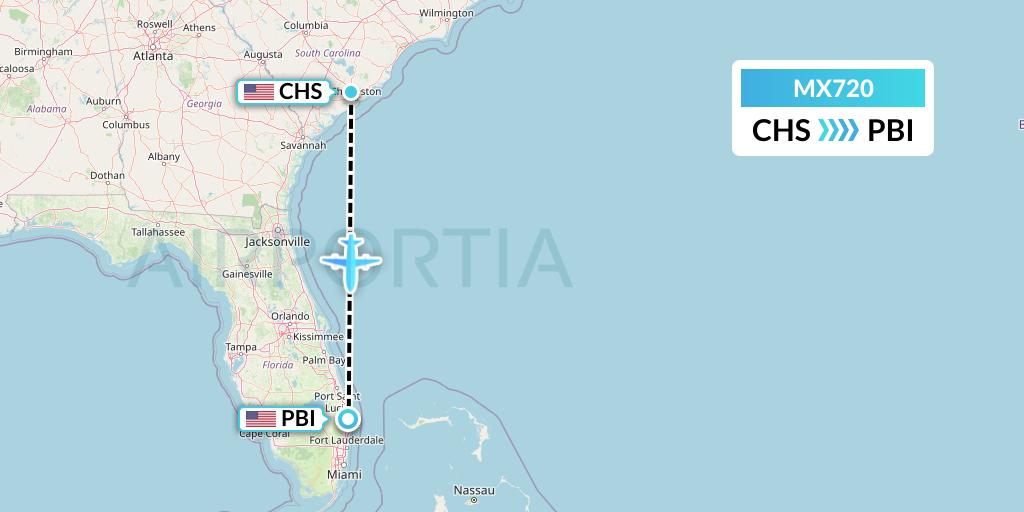 MX720 Breeze Airways Flight Map: Charleston to West Palm Beach