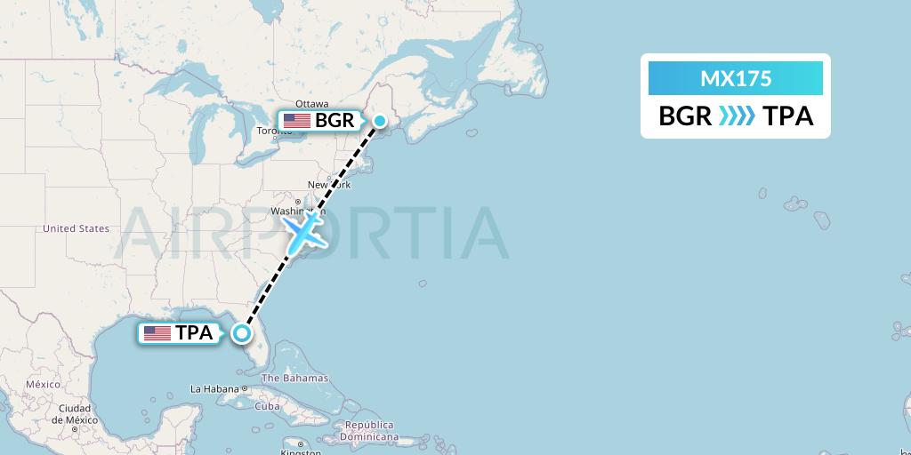 MX175 Breeze Airways Flight Map: Bangor to Tampa