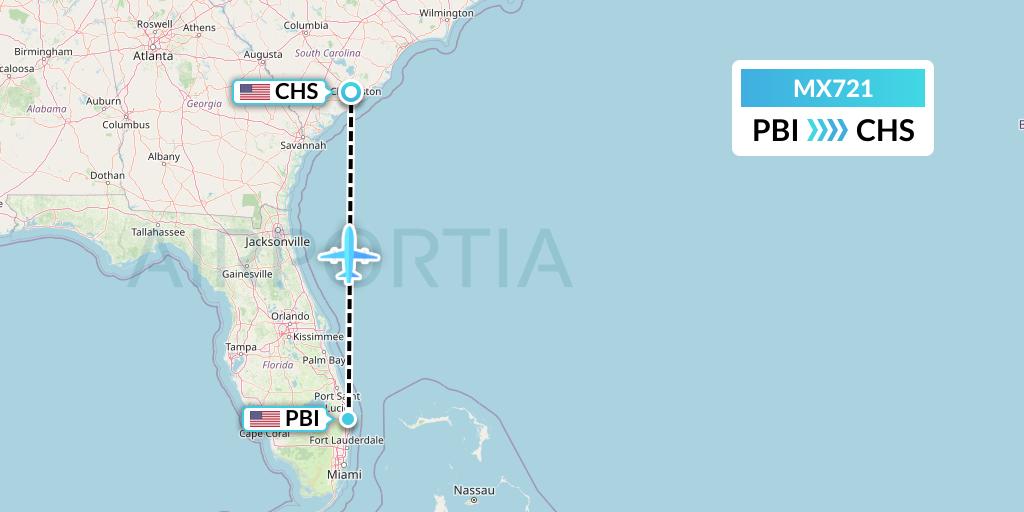 MX721 Breeze Airways Flight Map: West Palm Beach to Charleston