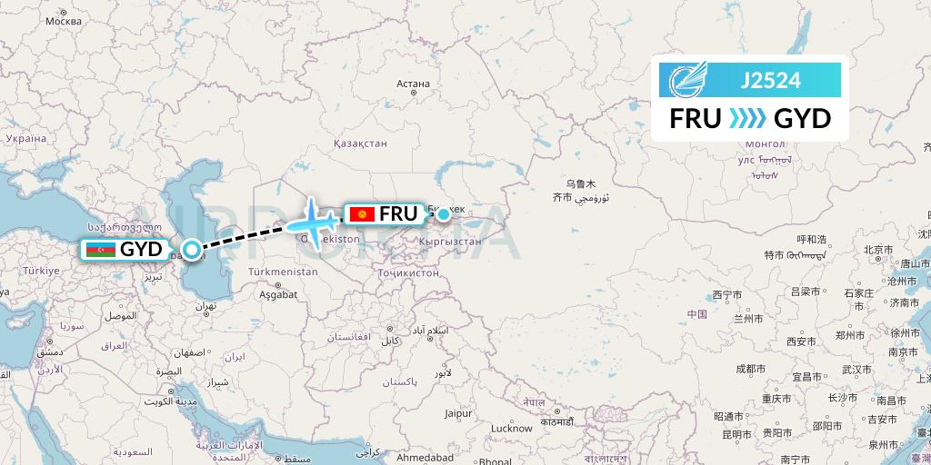 J2524 Azerbaijan Airlines Flight Map: Bishkek to Baku