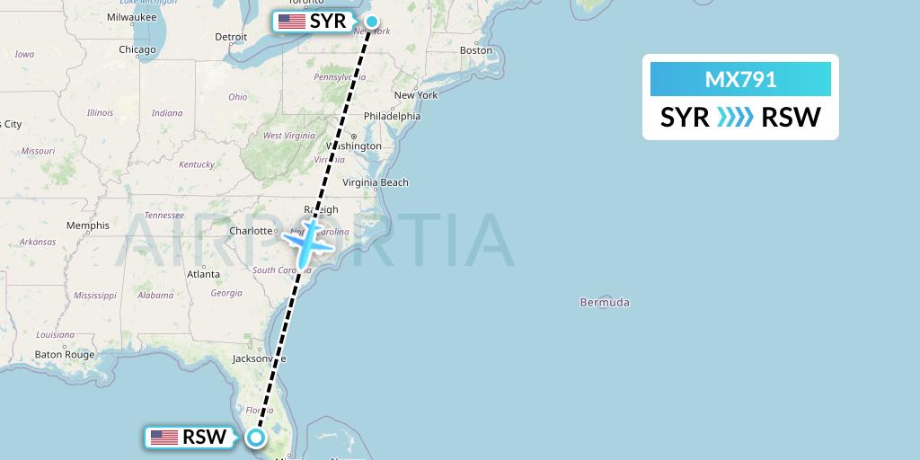 MX791 Breeze Airways Flight Map: Syracuse to Fort Myers