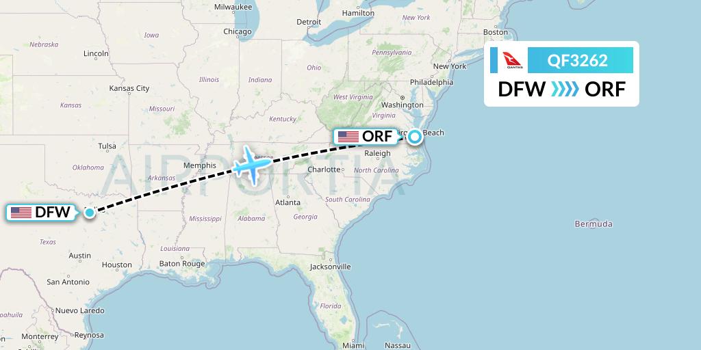 QF3262 Qantas Flight Map: Dallas to Norfolk