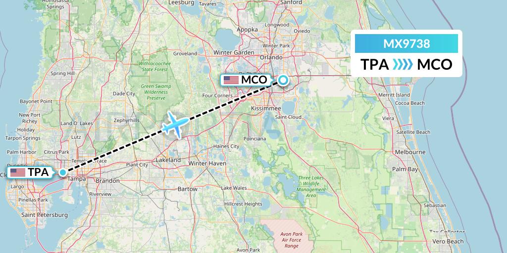 MX9738 Breeze Airways Flight Map: Tampa to Orlando