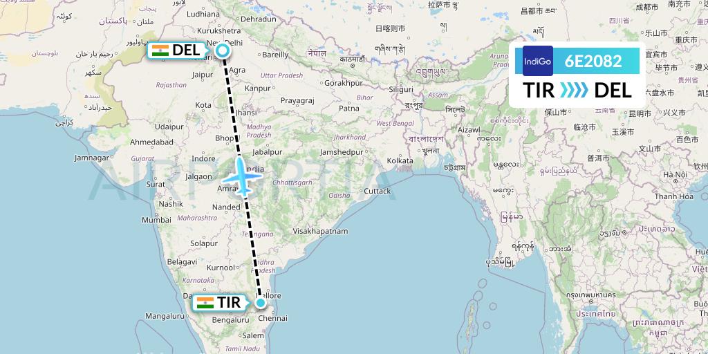 6E2082 IndiGo Airlines Flight Map: Tirupati to Delhi