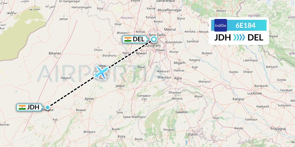 6E184 IndiGo Airlines Flight Map: Jodhpur to Delhi