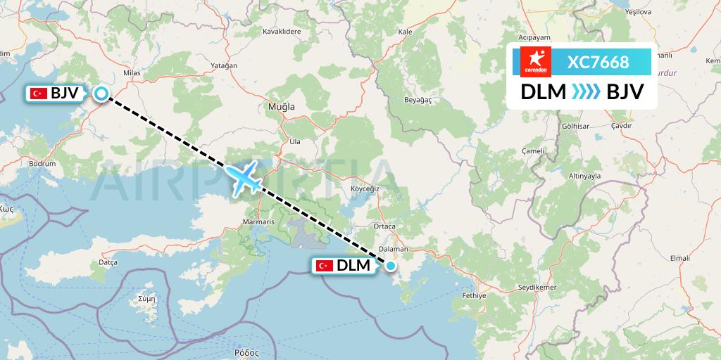 XC7668 Corendon Airlines Flight Map: Dalaman to Bodrum