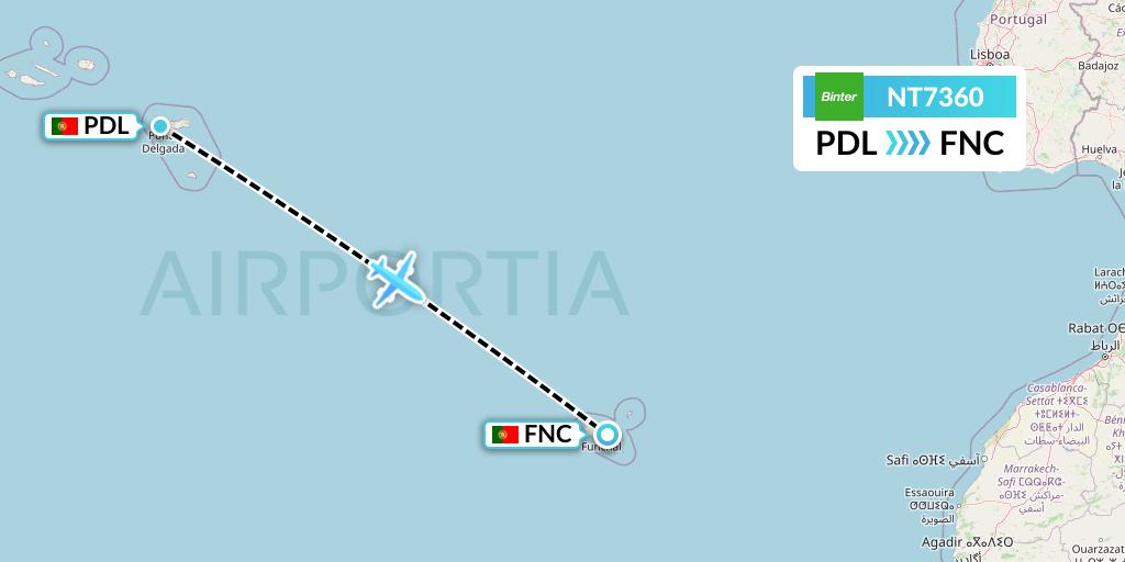 NT7360 Binter Canarias Flight Map: Ponta Delgada to Funchal