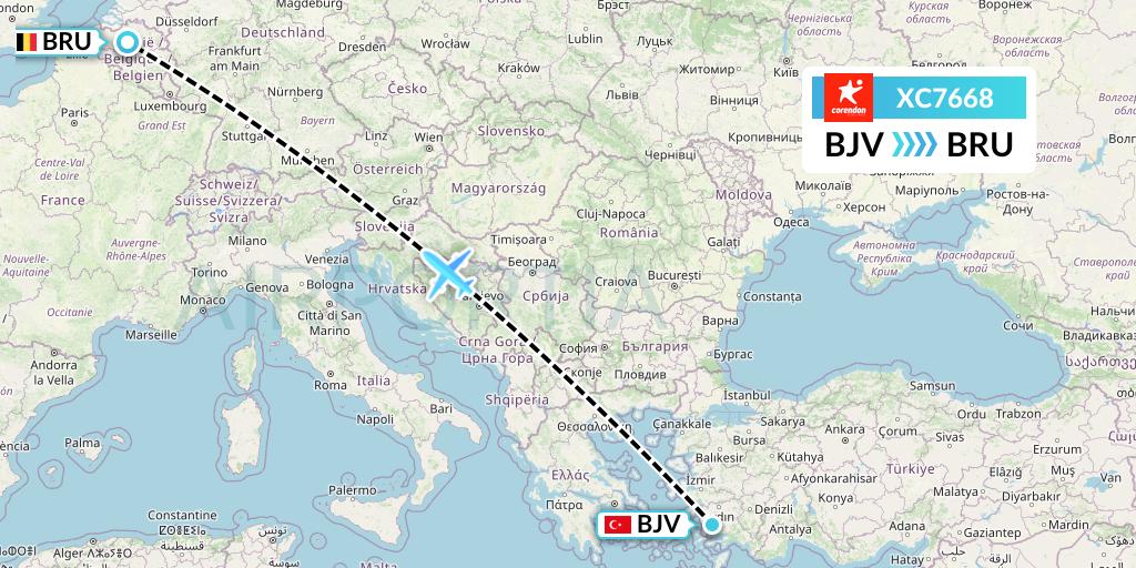 XC7668 Corendon Airlines Flight Map: Bodrum to Brussels