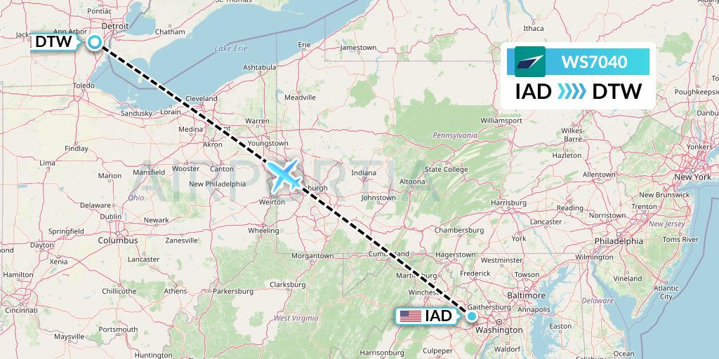 WS7040 WestJet Flight Map: Washington to Detroit