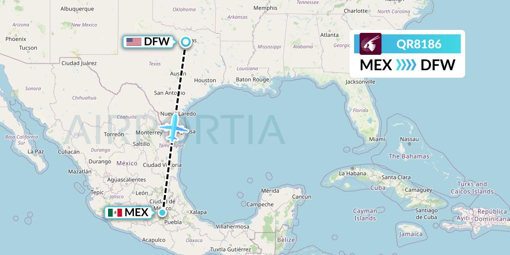 QR8186 Qatar Airways Flight Map: Mexico City to Dallas