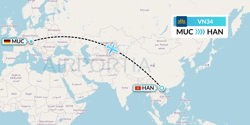 VN34 Vietnam Airlines Flight Map: Munich to Hanoi