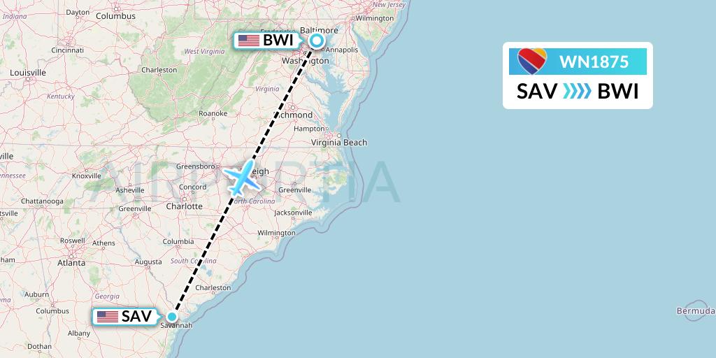 WN1875 Southwest Airlines Flight Map: Savannah to Baltimore