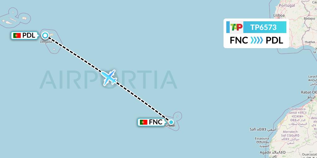 TP6573 TAP Portugal Flight Map: Funchal to Ponta Delgada