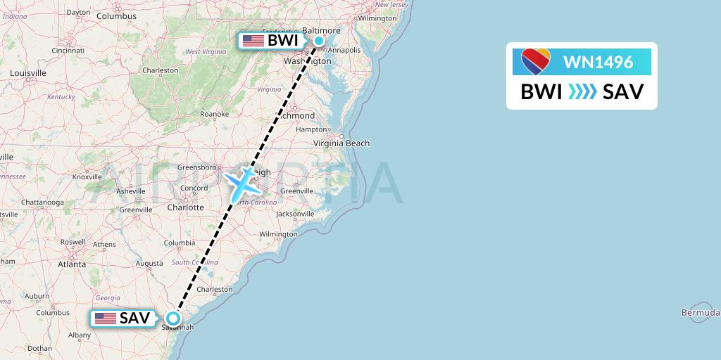 WN1496 Southwest Airlines Flight Map: Baltimore to Savannah