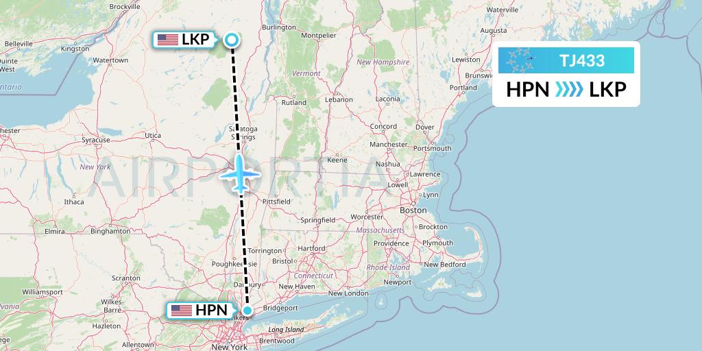 TJ433 Tradewind Aviation Flight Map: White Plains to Lake Placid