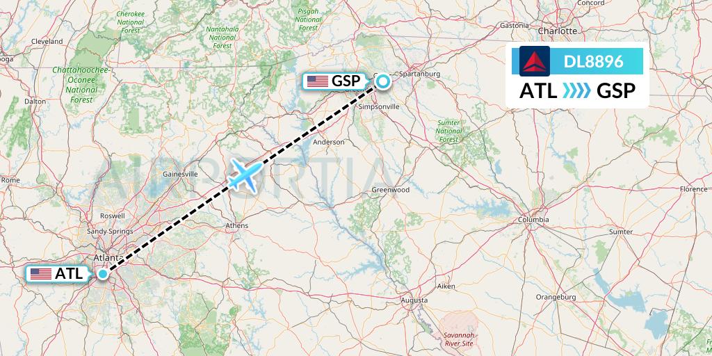DL8896 Delta Air Lines Flight Map: Atlanta to Greenville-Spartanburg