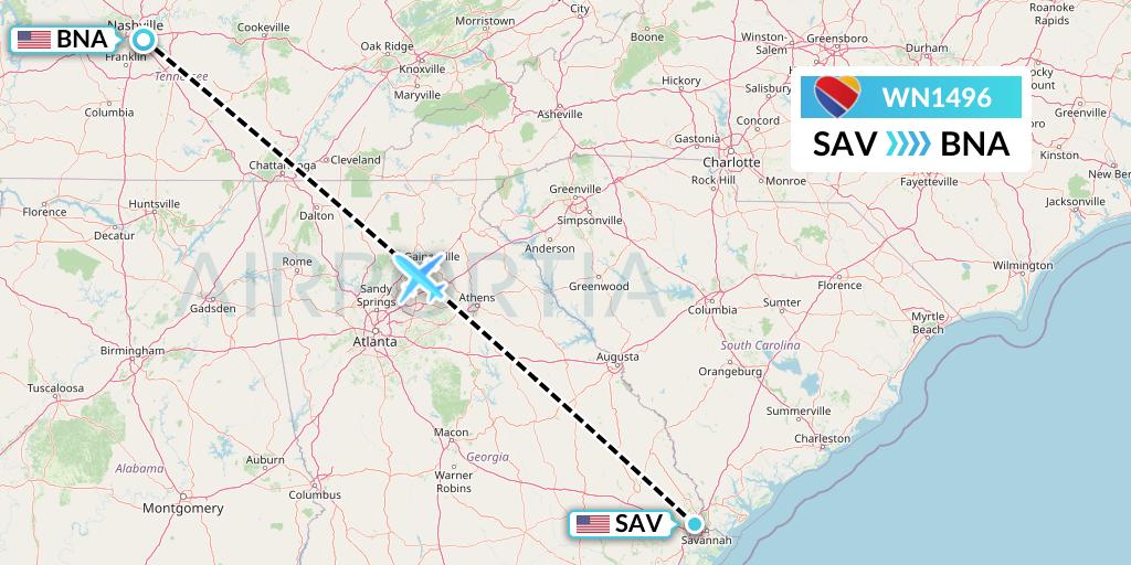 WN1496 Southwest Airlines Flight Map: Savannah to Nashville