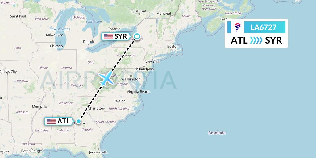 LA6727 LAN Airlines Flight Map: Atlanta to Syracuse