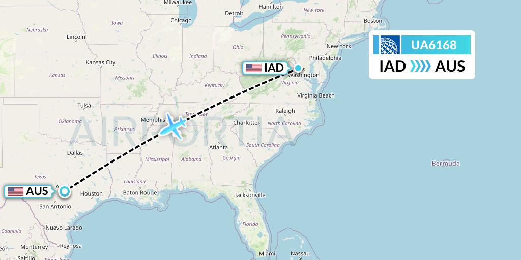 UA6168 United Airlines Flight Map: Washington to Austin