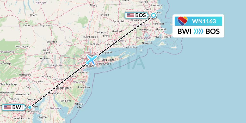 WN1163 Southwest Airlines Flight Map: Baltimore to Boston