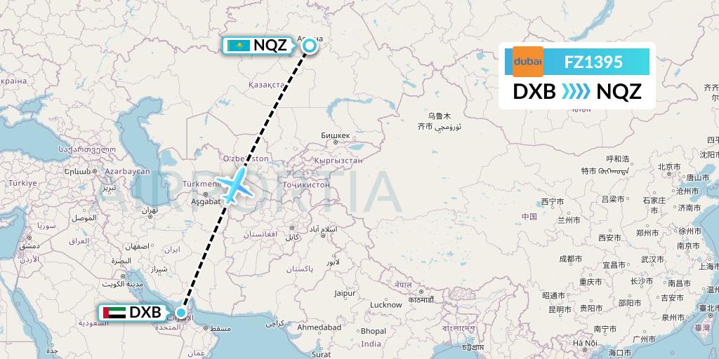 FZ1395 FlyDubai Flight Map: Dubai to Astana