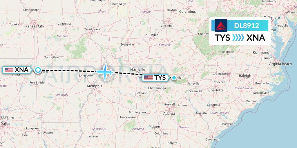 DL8912 Delta Air Lines Flight Map: Knoxville to Bentonville
